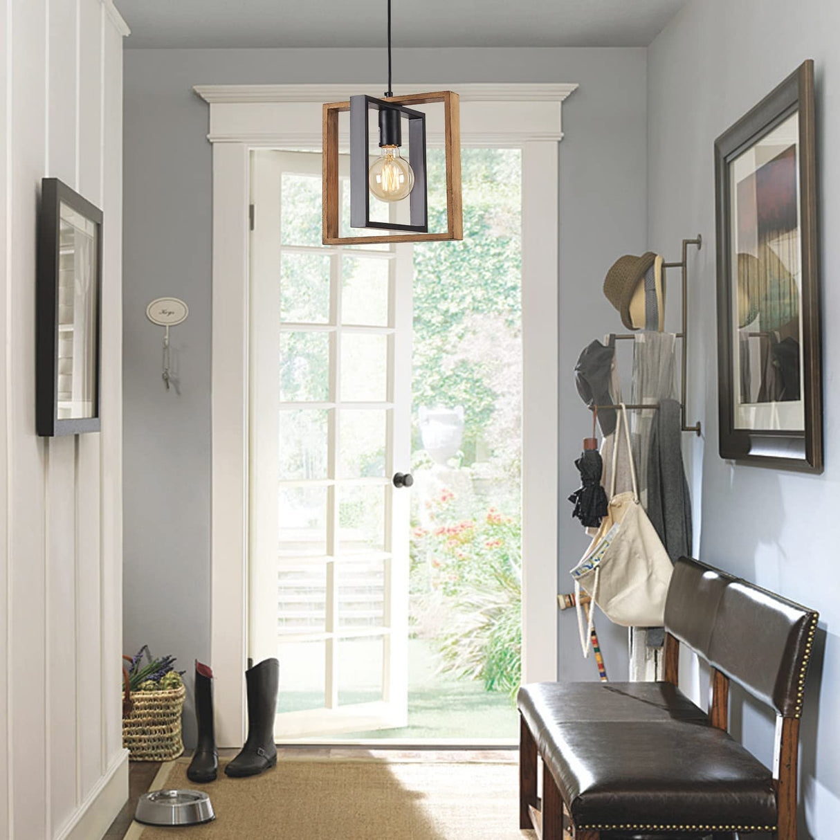 1 Light Kitchen Island Light Modern Black Dining Room Light Fixture Mini Wood Farmhouse Chandelier Hanging Pendant Light Fixtures for Foyer Hallway Poroulux