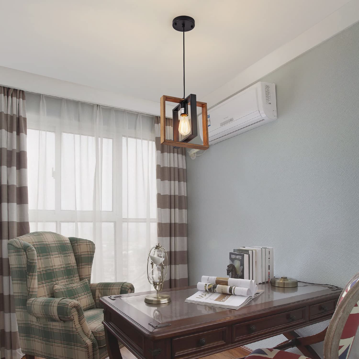 1 Light Kitchen Island Light Modern Black Dining Room Light Fixture Mini Wood Farmhouse Chandelier Hanging Pendant Light Fixtures for Foyer Hallway Poroulux