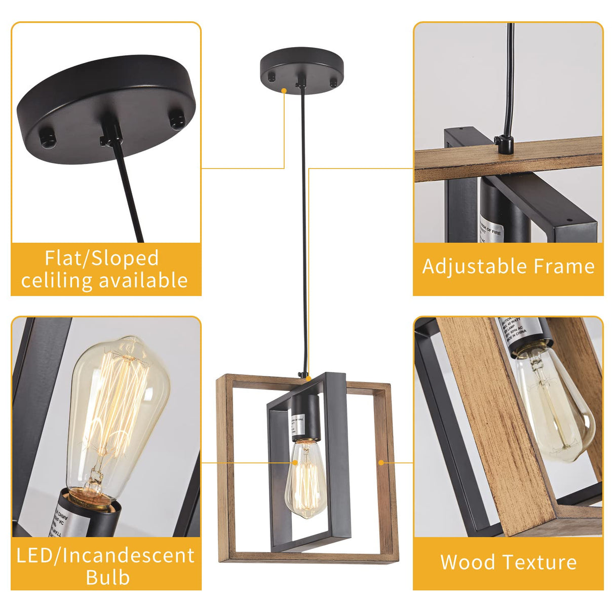 1 Light Kitchen Island Light Modern Black Dining Room Light Fixture Mini Wood Farmhouse Chandelier Hanging Pendant Light Fixtures for Foyer Hallway Poroulux