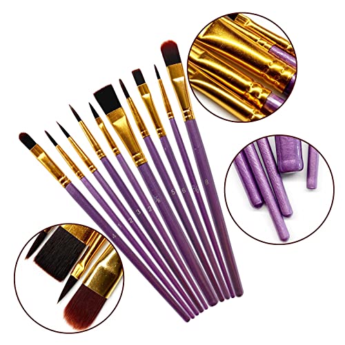 1 Pack 10 Pcs Paint Brushes, Nylon Hair Paint Brushes Set for Kids, Beginner, Suitable for Oil, Watercolor, Acrylic Paint and Body Pinting, Purple LNAUJS