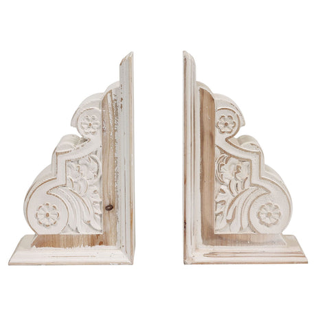1 Pair Rustic Distressed Finish Wood Bookends, White Bookends Decorative Unique, Carved Pattern Farmhouse Book Ends for Shelves, Bookends for Heavy Books, Wooden Corbels for Home Room Decor SOFE