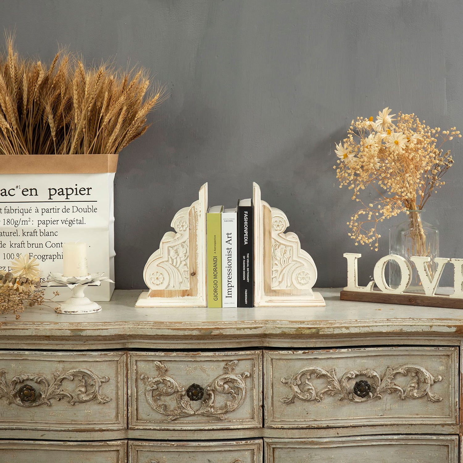 1 Pair Rustic Distressed Finish Wood Bookends, White Bookends Decorative Unique, Carved Pattern Farmhouse Book Ends for Shelves, Bookends for Heavy Books, Wooden Corbels for Home Room Decor SOFE