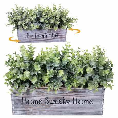 1 Pcs Wooden Potted Eucalyptus Plant Greenery Arrangement Artificial Eucalyptus Plant in Rectangular Wood Planter Box for Rustic Farmhouse Indoor Centerpiece Tabletop Window Sills Kitchen Shelf Decor Winlyn