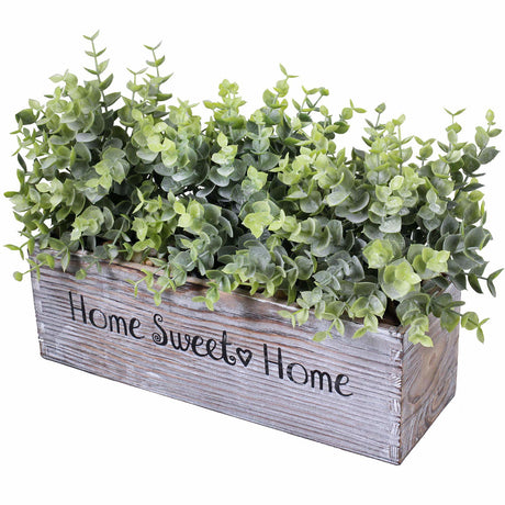 1 Pcs Wooden Potted Eucalyptus Plant Greenery Arrangement Artificial Eucalyptus Plant in Rectangular Wood Planter Box for Rustic Farmhouse Indoor Centerpiece Tabletop Window Sills Kitchen Shelf Decor Winlyn