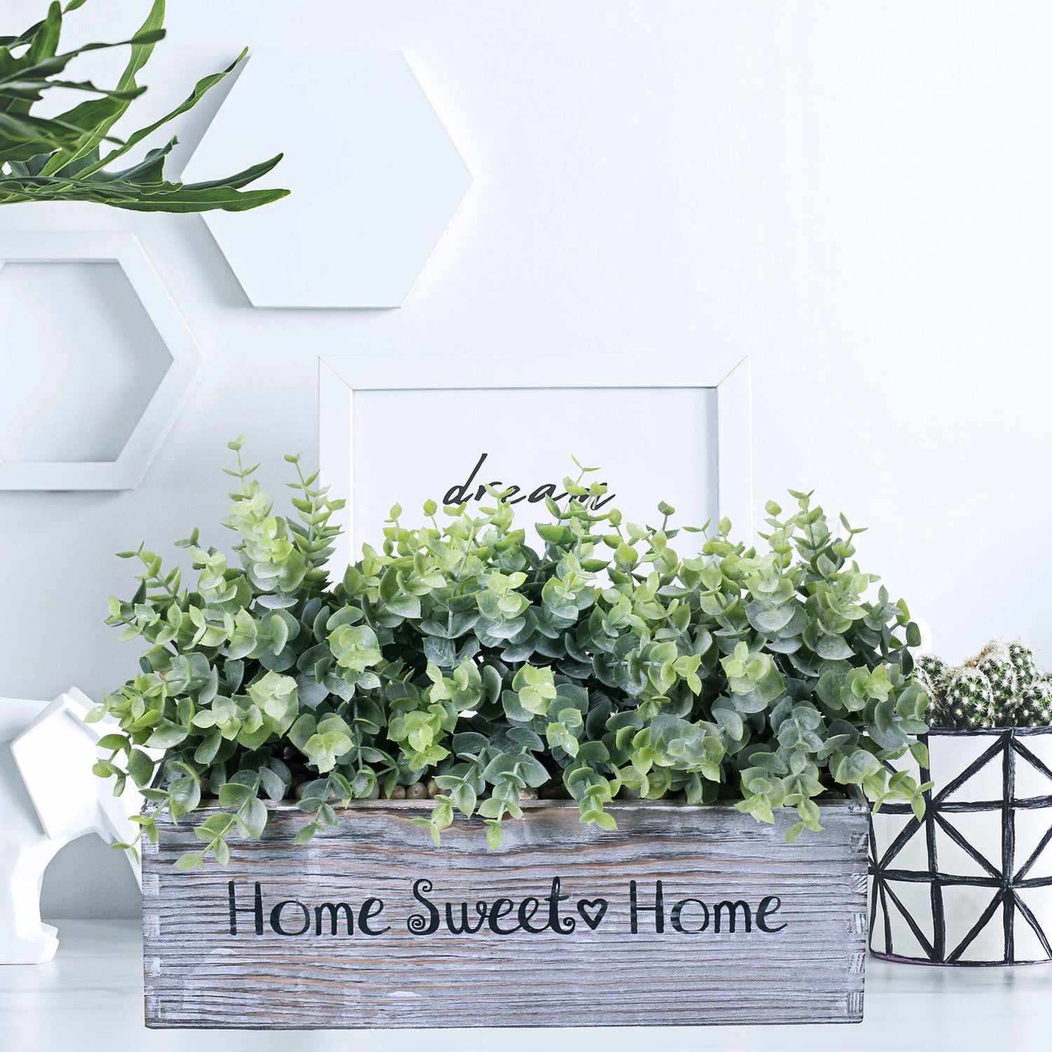 1 Pcs Wooden Potted Eucalyptus Plant Greenery Arrangement Artificial Eucalyptus Plant in Rectangular Wood Planter Box for Rustic Farmhouse Indoor Centerpiece Tabletop Window Sills Kitchen Shelf Decor Winlyn