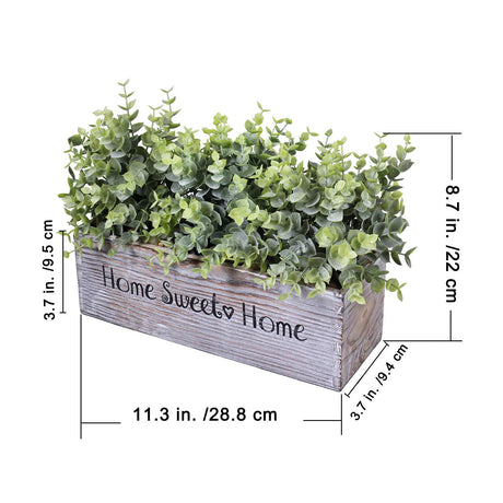 1 Pcs Wooden Potted Eucalyptus Plant Greenery Arrangement Artificial Eucalyptus Plant in Rectangular Wood Planter Box for Rustic Farmhouse Indoor Centerpiece Tabletop Window Sills Kitchen Shelf Decor Winlyn