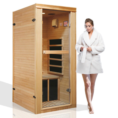 1 Person Far Infrared Sauna for Home, Mini Low-EMF Single Indoor 980W Dry Saunas, Wooden Canadian Hemlock Sauna with Sole Control, Tempered Glass Door, Oxygen Bar, Bluetooth Speakers, Reading Light ROCKINGRUN