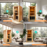 1 Person Far Infrared Sauna for Home, Mini Low-EMF Single Indoor 980W Dry Saunas, Wooden Canadian Hemlock Sauna with Sole Control, Tempered Glass Door, Oxygen Bar, Bluetooth Speakers, Reading Light ROCKINGRUN