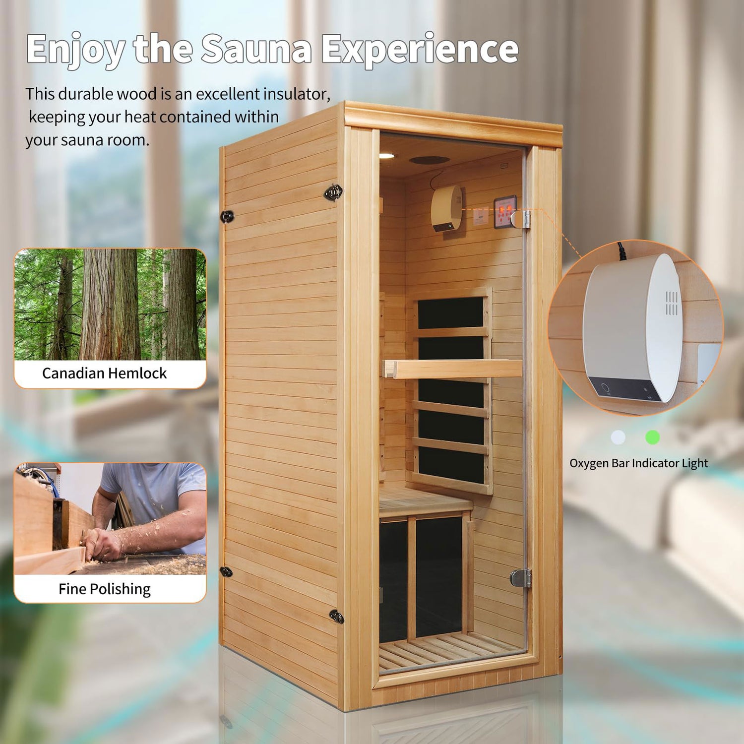 1 Person Far Infrared Sauna for Home, Mini Low-EMF Single Indoor 980W Dry Saunas, Wooden Canadian Hemlock Sauna with Sole Control, Tempered Glass Door, Oxygen Bar, Bluetooth Speakers, Reading Light ROCKINGRUN