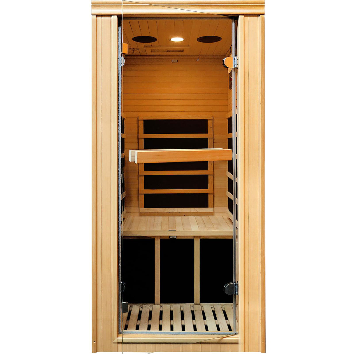 1 Person Sauna Room Easy to Install Far Infrared Sauna For Home Spa Carbon Heated Hemlock Wood With Glass Door Bluetooth Loudspeaker and Time Temperature LED Control Panel 110V980W 27.6*32.7*62.2 inch RIGO
