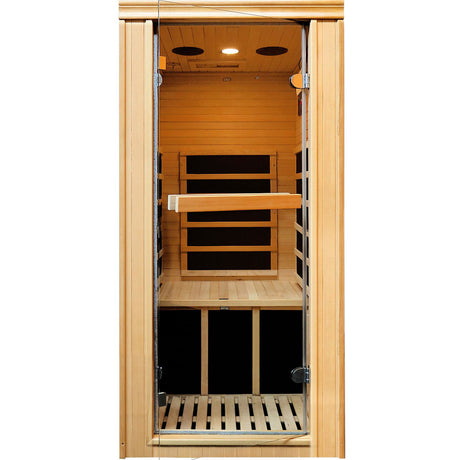 1 Person Sauna Room Easy to Install Far Infrared Sauna For Home Spa Carbon Heated Hemlock Wood With Glass Door Bluetooth Loudspeaker and Time Temperature LED Control Panel 110V980W 27.6*32.7*62.2 inch RIGO