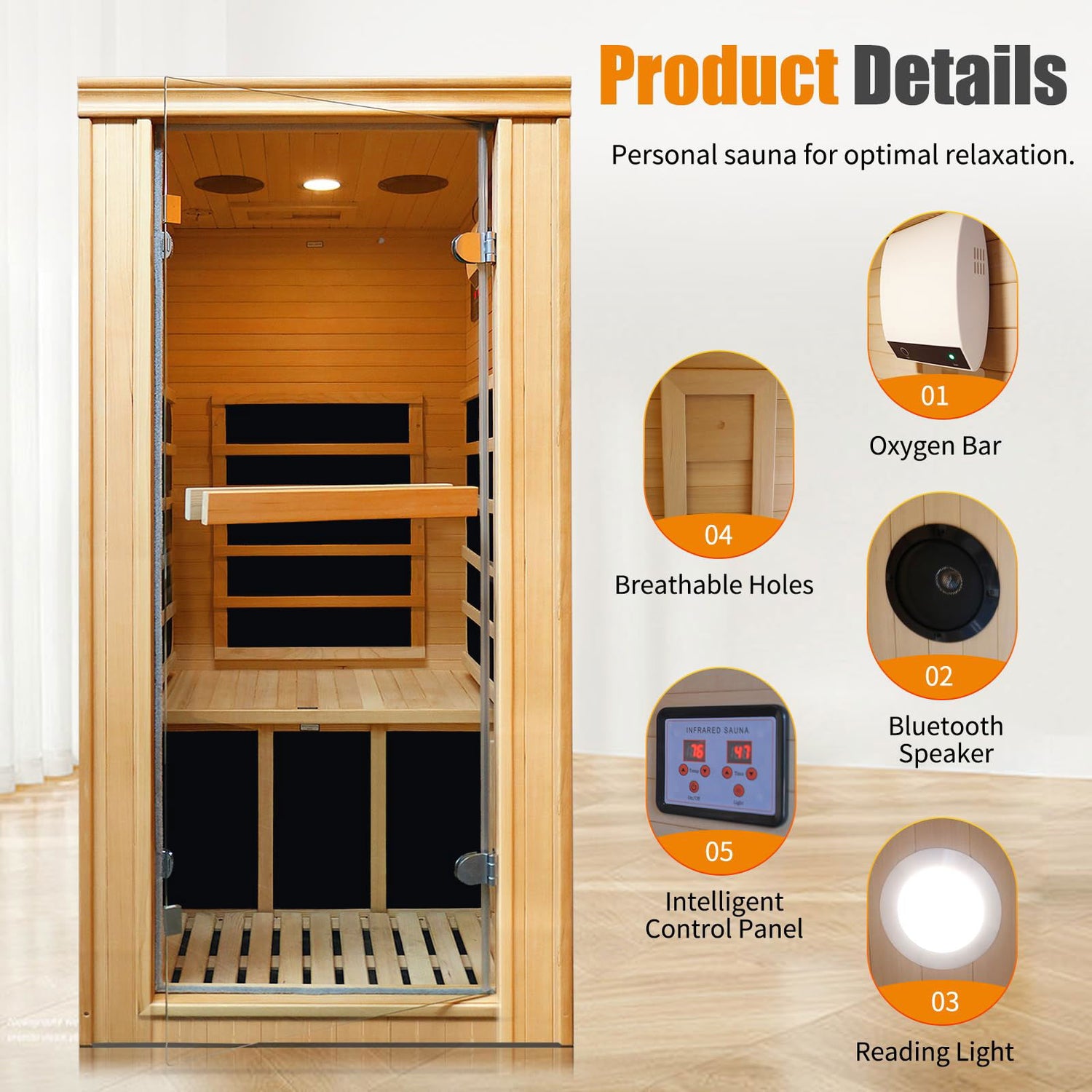 1 Person Sauna Room Easy to Install Far Infrared Sauna For Home Spa Carbon Heated Hemlock Wood With Glass Door Bluetooth Loudspeaker and Time Temperature LED Control Panel 110V980W 27.6*32.7*62.2 inch RIGO