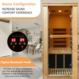 1 Person Sauna Room Easy to Install Far Infrared Sauna For Home Spa Carbon Heated Hemlock Wood With Glass Door Bluetooth Loudspeaker and Time Temperature LED Control Panel 110V980W 27.6*32.7*62.2 inch RIGO