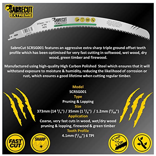 1 x SabreCut SCRSG001 14 3/4" (373mm) 6 TPI Extra Long Curved Pruning Lopping Wet Wood Dry Wood Timber & Firewood Cutting Reciprocating Sabre Saw SabreCut