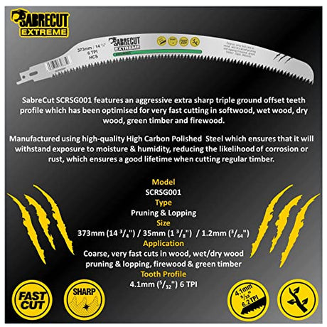1 x SabreCut SCRSG001 14 3/4" (373mm) 6 TPI Extra Long Curved Pruning Lopping Wet Wood Dry Wood Timber & Firewood Cutting Reciprocating Sabre Saw SabreCut
