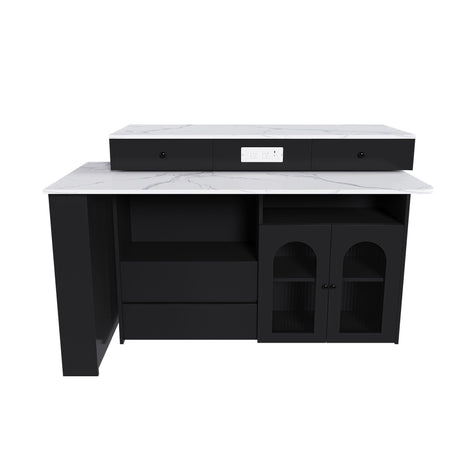 Kitchen Island With Extendable Rotating Table, 4 Drawers & Glass Door Cabinets, Built In Socket - Black HouseOfZazla