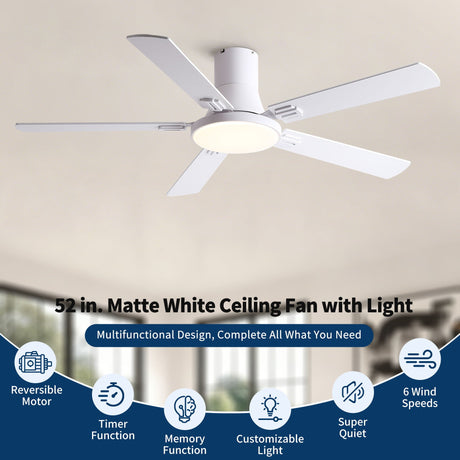 Flush Mount Ceiling Fans With LED Light And Remote Control, 5 Blades HouseOfZazla