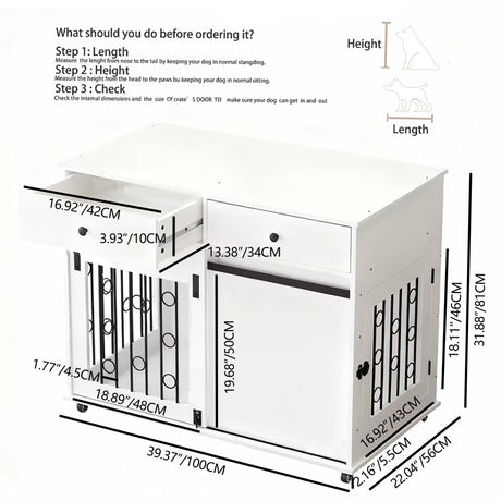 Dog Crate Furniture With Double Drawers And Sliding Barn Door, Pet Kennel For Small To Medium Dogs - White HouseOfZazla