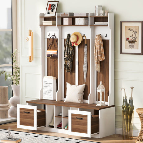 5 In 1 Entryway Bench With Coat Rack, 7 Sturdy Hooks, 2 Spacious Drawers And Adjustable Shelves HouseOfZazla