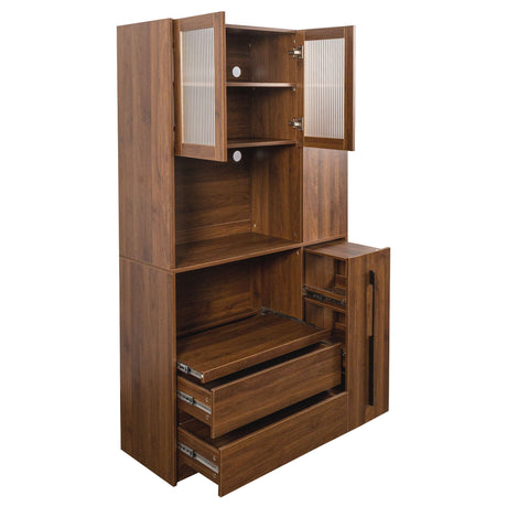 Tall Kitchen Pantry Cabinet With 4 Tier Side Shelf, 2 Drawers, Freestanding Food Hutch With Microwave Stand For Dining Room - Walnut HouseOfZazla