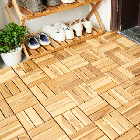 Interlocking Deck Tiles Checker Pattern, Square Acacia Hardwood Outdoor Flooring For Patio, Bancony, Pool Side HouseOfZazla