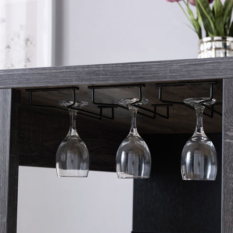 Home Bar Table With Wine Glass Compartment And Three Shelves - Distressed Gray / Black HouseOfZazla