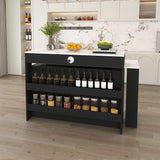 Kitchen Island With Extendable Rotating Table, 4 Drawers & Glass Door Cabinets, Built In Socket - Black