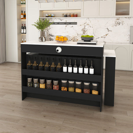 Kitchen Island With Extendable Rotating Table, 4 Drawers & Glass Door Cabinets, Built In Socket - Black HouseOfZazla