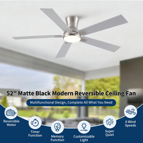 Low Profile Flush Mount Intergrated LED Ceiling Fan With Light And Reversible Quiet Motor HouseOfZazla