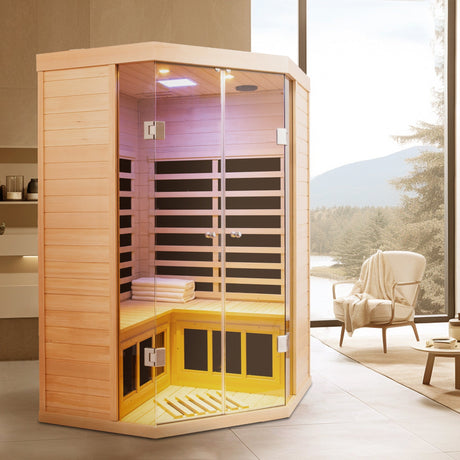 Deluxe Hemlock Far Infrared Corner Sauna Room with Glass Front for Two Persons HouseOfZazla