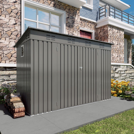 Outdoor Storage Shed, Tool House With Sloping Roof, 6 Vents And 2 Swing Doors For Backyard - Gray HouseOfZazla