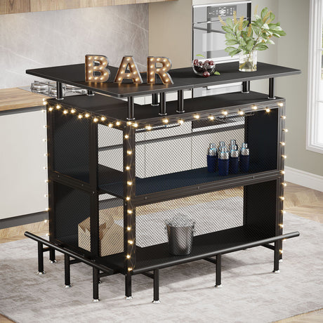 L Shaped Home Mini Bar Table With 2 Tier Shelves & Glass Racks - Black HouseOfZazla