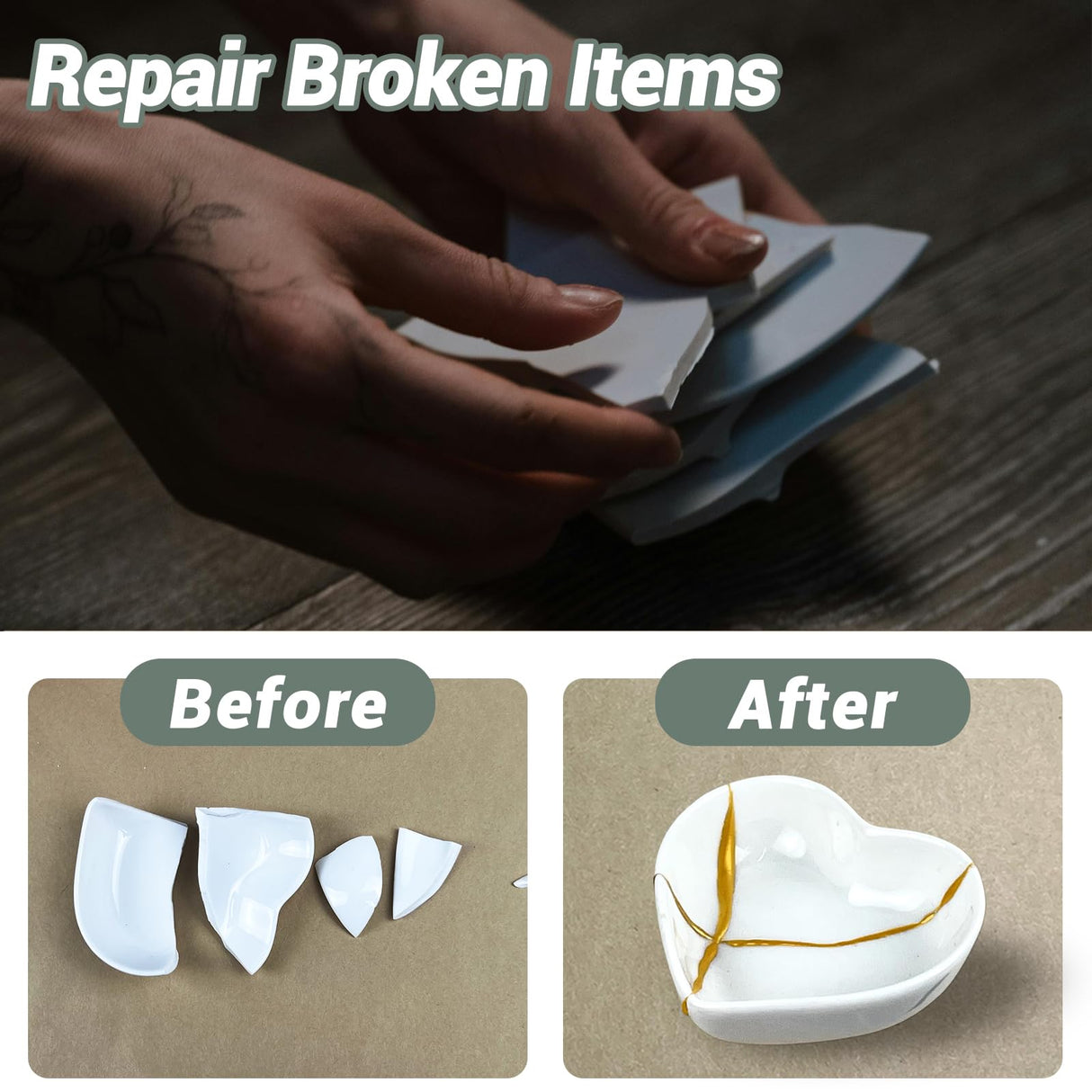 1DFAUL Bio Kintsugi Repair Kit Gold Food Safety Repair Your Meaningful Pottery, Dishwasher Safety, Perfect for Beginners, Bring Japanese Art to Your Home 1DFAUL