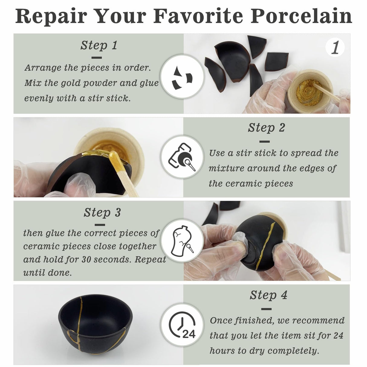 1DFAUL Kintsugi Repair Kit Food Safety, Japanese Gold Repair kit, Bio Gold Glue for Ceramics and Porcelain Repair, Ceramic Repair Kit with Two Practice Cup Perfect for Beginners, Dishwasher Safety 1DFAUL