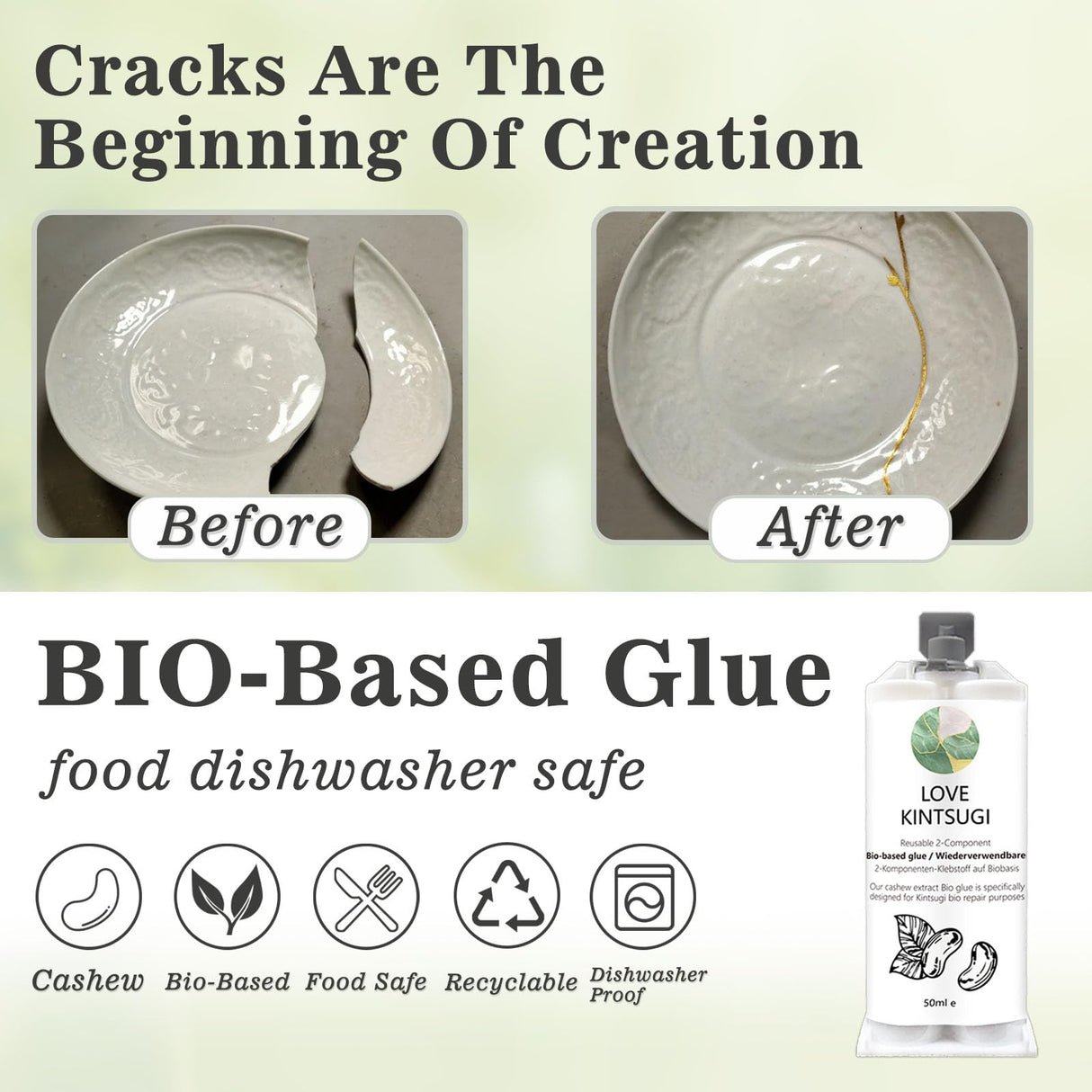 1DFAUL Kintsugi Repair Kit Food Safety, Japanese Gold Repair kit, Bio Gold Glue for Ceramics and Porcelain Repair, Ceramic Repair Kit with Two Practice Cup Perfect for Beginners, Dishwasher Safety 1DFAUL