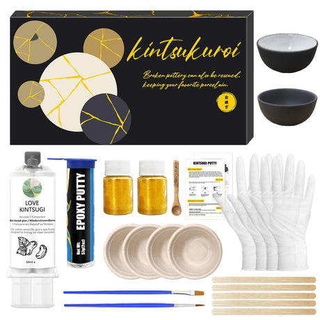 1DFAUL Kintsugi Repair Kit Food Safety, Japanese Gold Repair kit, Bio Gold Glue for Ceramics and Porcelain Repair, Ceramic Repair Kit with Two Practice Cup Perfect for Beginners, Dishwasher Safety 1DFAUL