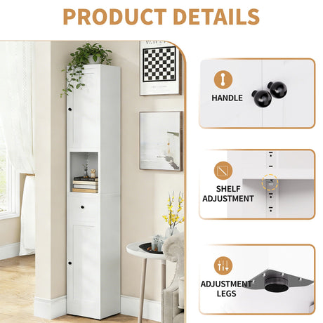 Tall Bathroom Storage Cabinet, 5-Tier Narrow With 2 Doors & Adjustable Shelves, Freestanding - White HouseOfZazla