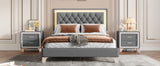 3-Pieces Bedroom Set, Queen Size Upholstered Platform Bed with LED Lights and Two Nightstands - Gray