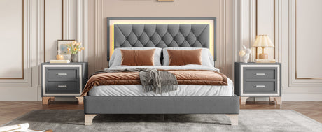 3-Pieces Bedroom Set, Queen Size Upholstered Platform Bed with LED Lights and Two Nightstands - Gray HouseOfZazla
