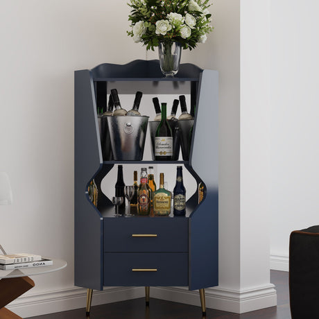Corner Bar Cabinet With Mirrored Back, 2 Open Shelves & 2 Drawers HouseOfZazla