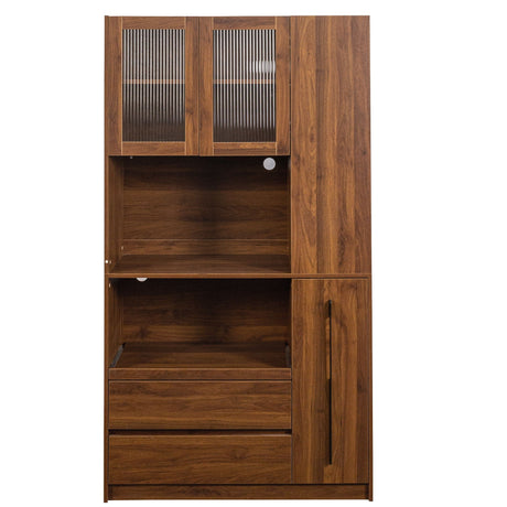Tall Kitchen Pantry Cabinet With 4 Tier Side Shelf, 2 Drawers, Freestanding Food Hutch With Microwave Stand For Dining Room - Walnut HouseOfZazla