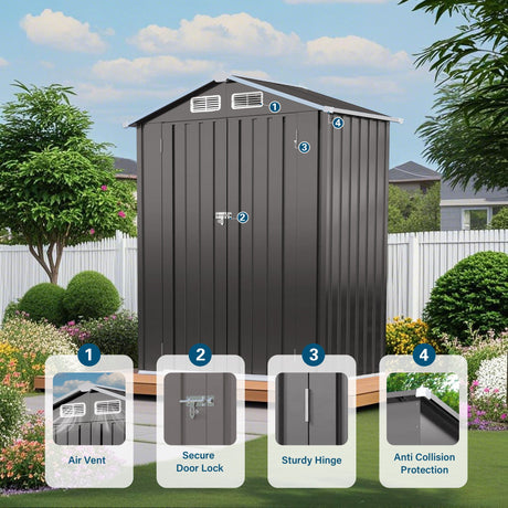 5 X 3 Ft Compact Metal Outdoor Storage Shed With Pitched Roof, Lockable Door - Gray HouseOfZazla