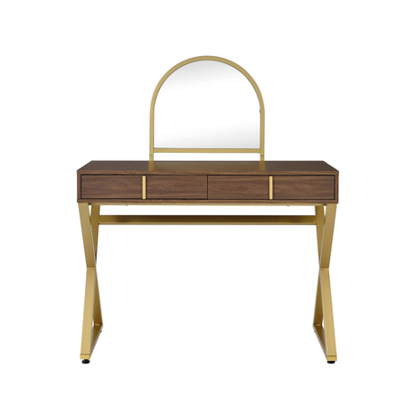 Coleen Walnut & Gold Finish Vanity Desk with Mirror & Jewelry Tray HouseOfZazla