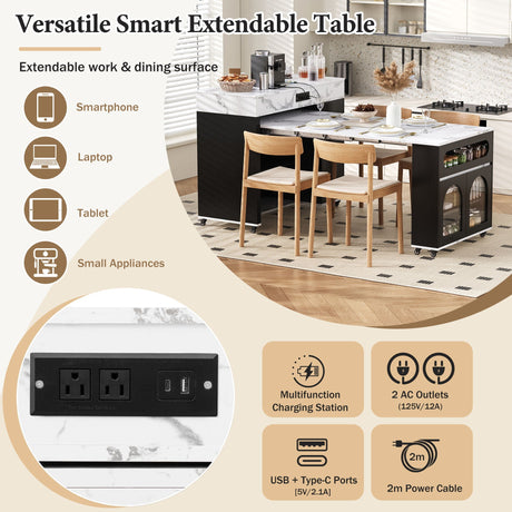 Extendable Dining Table With Folding Top, Rolling Kitchen Island With Drawers And Power Outlet HouseOfZazla
