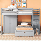 2 Beds in 1 Design Bunk Bed with Wardrobe and Drawer, L-Shaped Full Over Twin Bed Frame with Storage Staircase and Guardrail for Kids Teens Adults, Bedroom/Dorm Bed Foundation No Box Spring Needed FULife