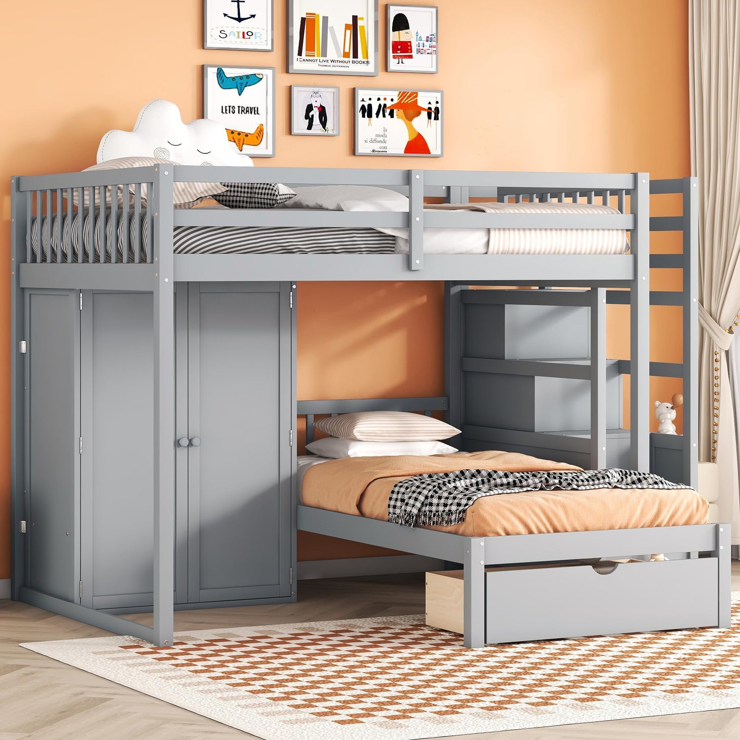2 Beds in 1 Design Bunk Bed with Wardrobe and Drawer, L-Shaped Full Over Twin Bed Frame with Storage Staircase and Guardrail for Kids Teens Adults, Bedroom/Dorm Bed Foundation No Box Spring Needed FULife
