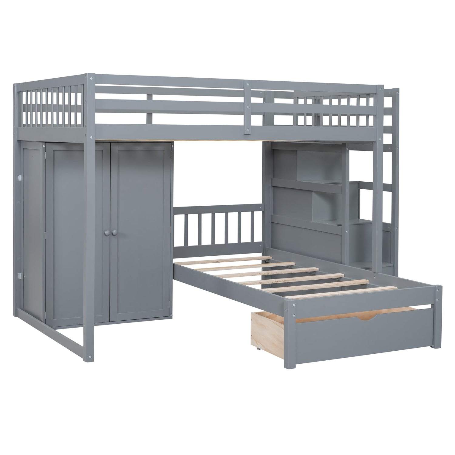2 Beds in 1 Design Bunk Bed with Wardrobe and Drawer, L-Shaped Full Over Twin Bed Frame with Storage Staircase and Guardrail for Kids Teens Adults, Bedroom/Dorm Bed Foundation No Box Spring Needed FULife