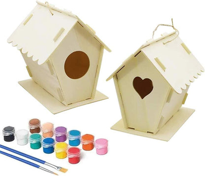 2 Set Unfinished Wooden Birdhouses Kit for Children to Build and Paint Bird House Kids DIY - WoodArtSupply