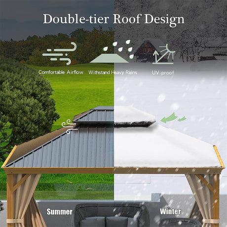 10'x12' Hardtop Gazebo with Wooden Coated Aluminum Frame and Double Steel Roof HouseOfZazla