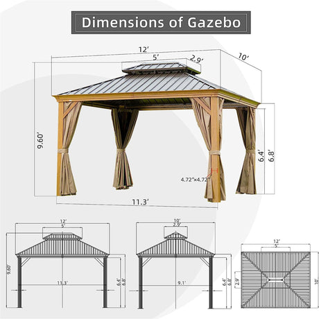 10'x12' Hardtop Gazebo with Wooden Coated Aluminum Frame and Double Steel Roof HouseOfZazla